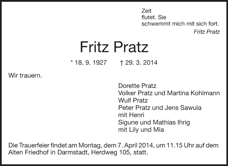  Traueranzeige für Fritz Pratz vom 05.04.2014 aus Echo-Zeitungen (Gesamtausgabe)