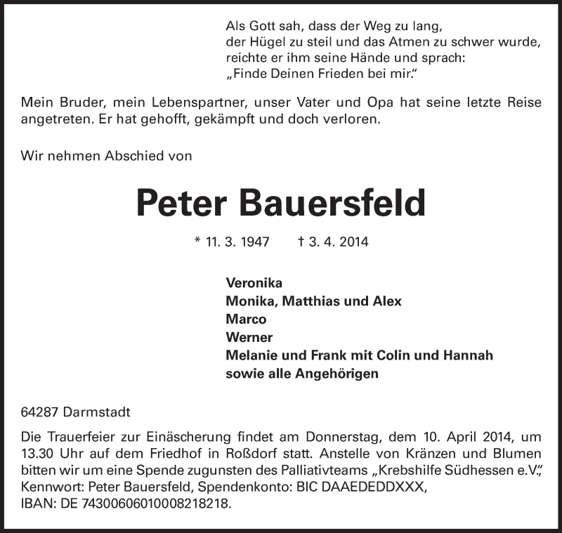  Traueranzeige für Peter Bauersfeld vom 07.04.2014 aus Echo-Zeitungen (Gesamtausgabe)