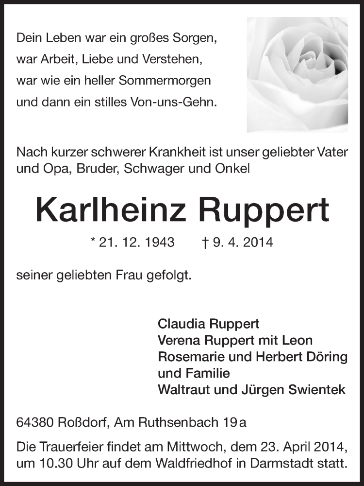  Traueranzeige für Karlheinz Ruppert vom 12.04.2014 aus Echo-Zeitungen (Gesamtausgabe)