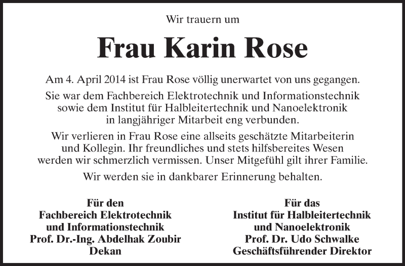  Traueranzeige für Karin Rose vom 19.04.2014 aus Echo-Zeitungen (Gesamtausgabe)