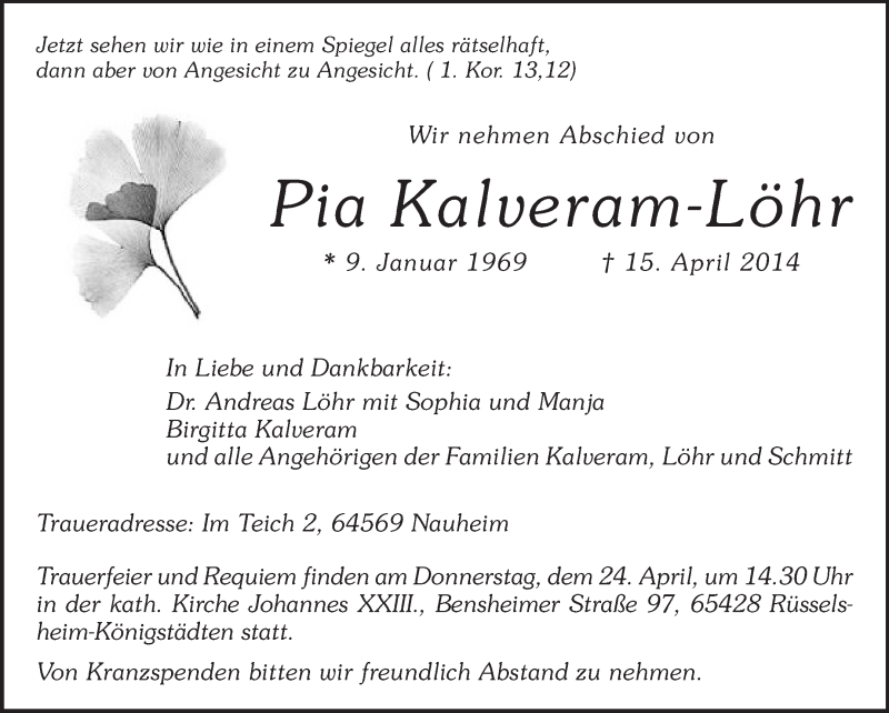  Traueranzeige für Pia Kalveram-Löhr vom 19.04.2014 aus Rüsselsheimer Echo, Groß-Gerauer-Echo, Ried Echo