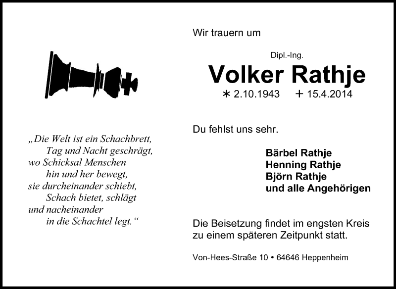  Traueranzeige für Volker Rathje vom 24.04.2014 aus Starkenburger Echo, Bergsträßer Anzeiger