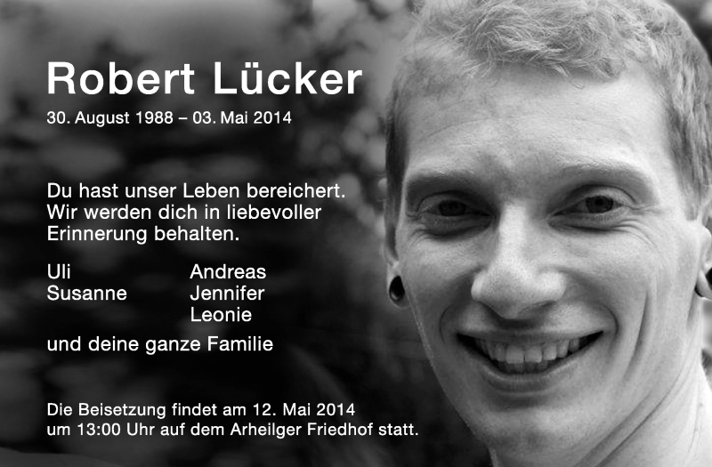  Traueranzeige für Robert Lücker vom 07.05.2014 aus Echo-Zeitungen (Gesamtausgabe)