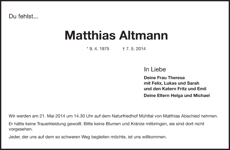  Traueranzeige für Matthias Altmann vom 17.05.2014 aus Echo-Zeitungen (Gesamtausgabe)