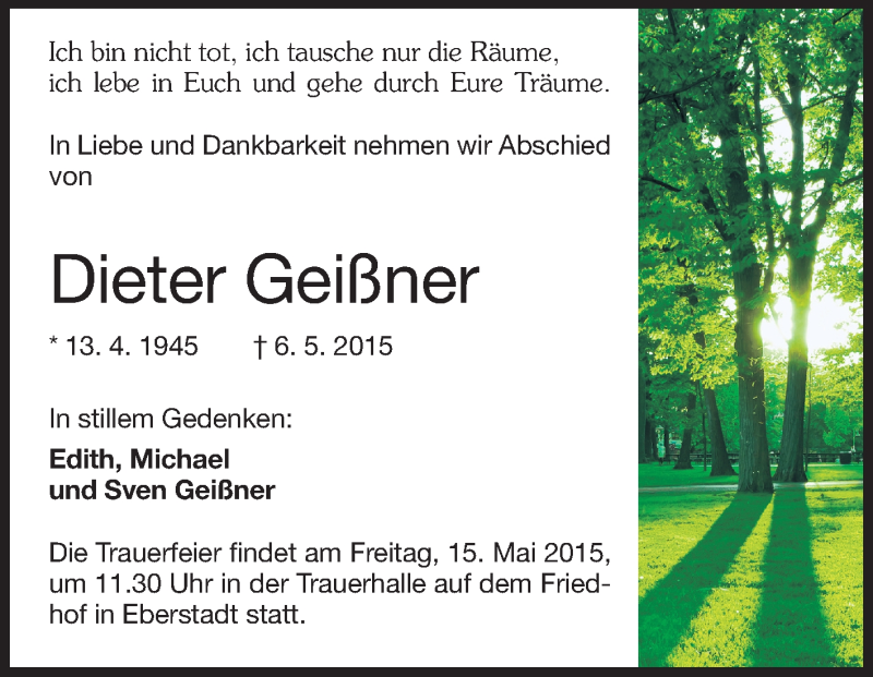 Traueranzeige für Dieter Geißner vom 09.05.2015 aus Darmstädter Echo