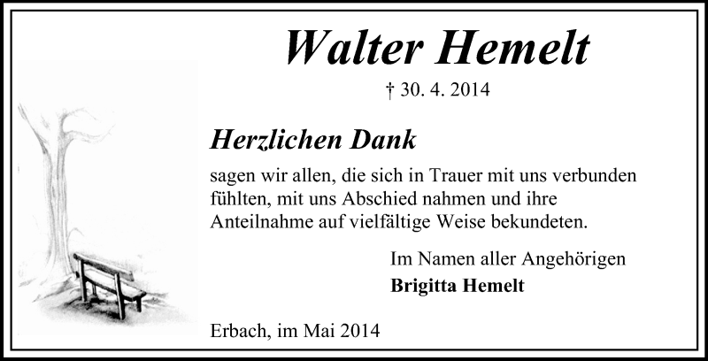  Traueranzeige für Walter Hemelt vom 24.05.2014 aus Odenwälder Echo