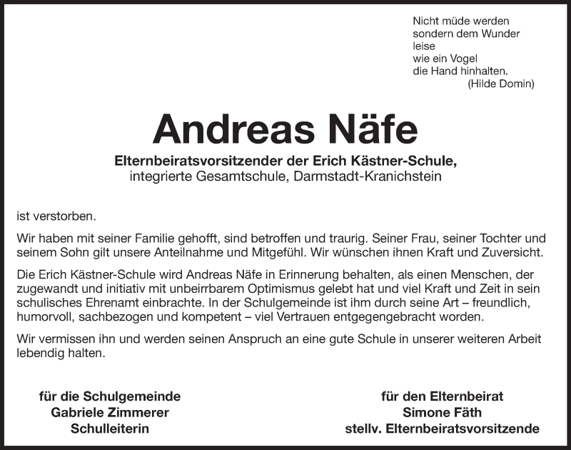  Traueranzeige für Andi Näfe vom 27.05.2014 aus Echo-Zeitungen (Gesamtausgabe)