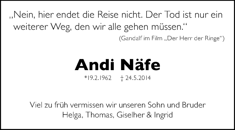  Traueranzeige für Andi Näfe vom 31.05.2014 aus Echo-Zeitungen (Gesamtausgabe)