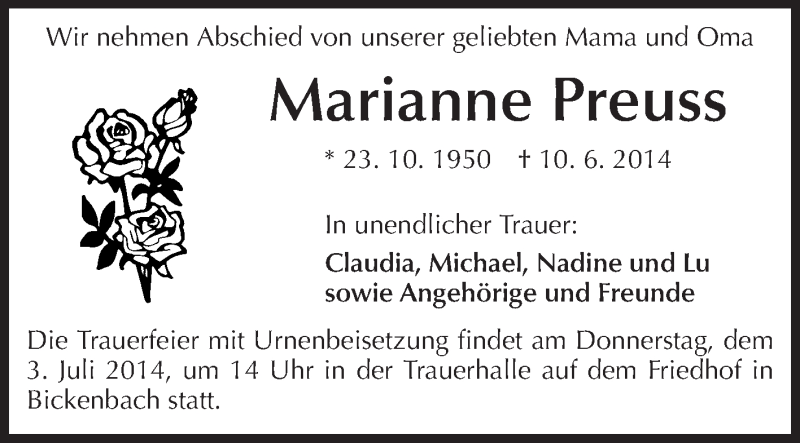  Traueranzeige für Marianne Preuss vom 30.06.2014 aus Echo-Zeitungen (Gesamtausgabe)