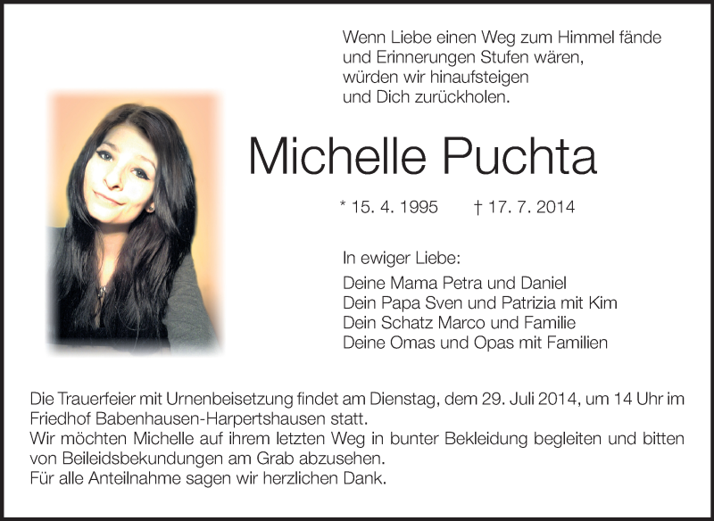  Traueranzeige für Michelle Puchta vom 26.07.2014 aus Echo-Zeitungen (Gesamtausgabe)