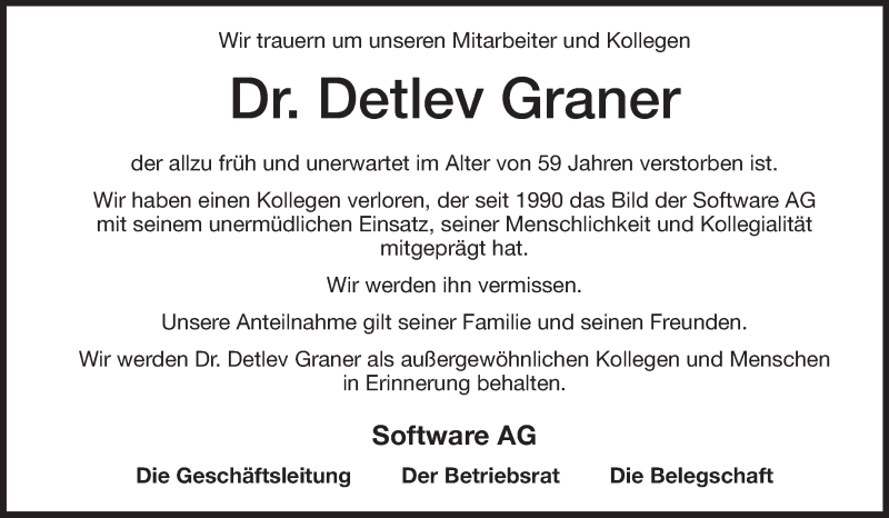 Traueranzeige für Detlev Graner vom 26.07.2014 aus Echo-Zeitungen (Gesamtausgabe)