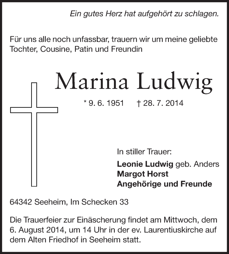 Traueranzeige für Marina Ludwig vom 02.08.2014 aus Echo-Zeitungen (Gesamtausgabe)
