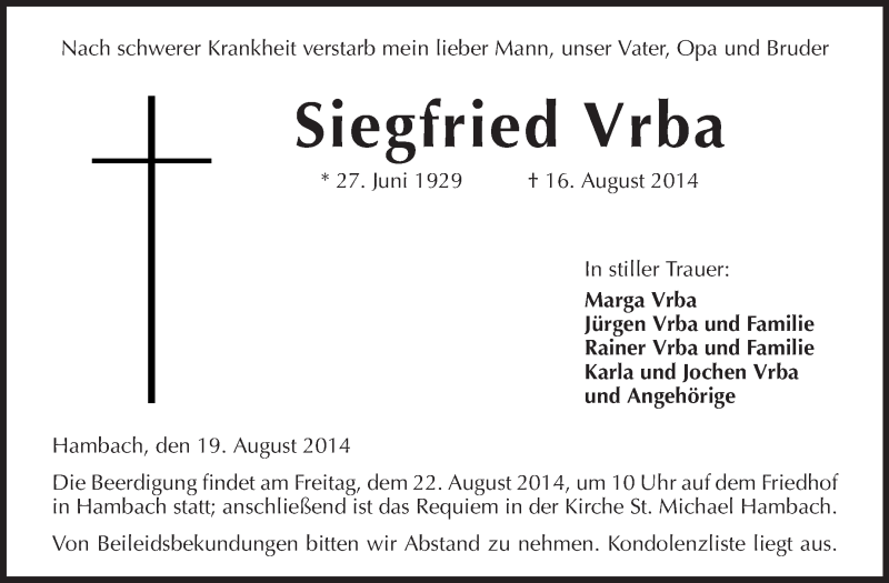  Traueranzeige für Siegfried Vrba vom 19.08.2014 aus Starkenburger Echo