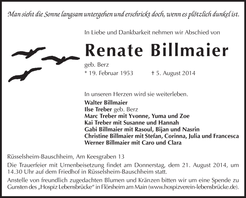  Traueranzeige für Renate Billmaier vom 19.08.2014 aus Rüsselsheimer Echo, Groß-Gerauer-Echo, Ried Echo