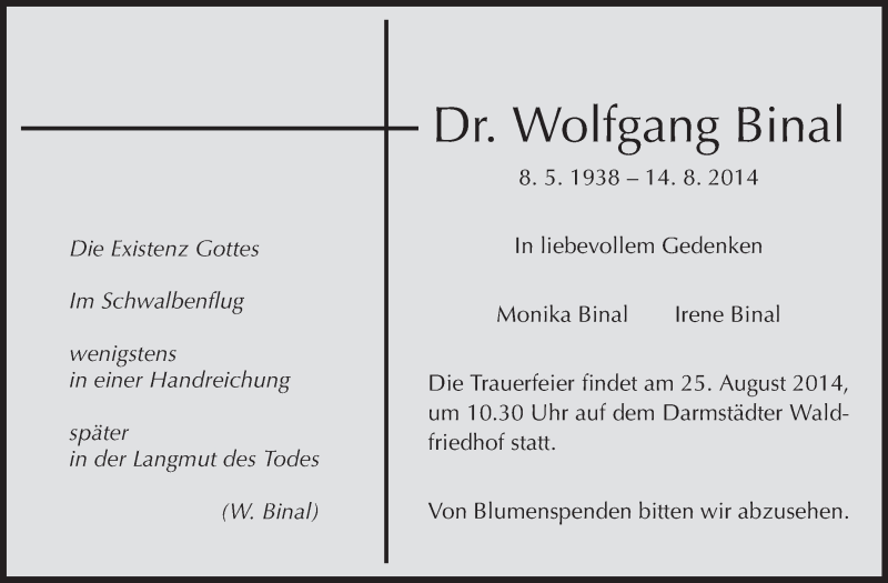  Traueranzeige für Wolfgang Binal vom 20.08.2014 aus Echo-Zeitungen (Gesamtausgabe)