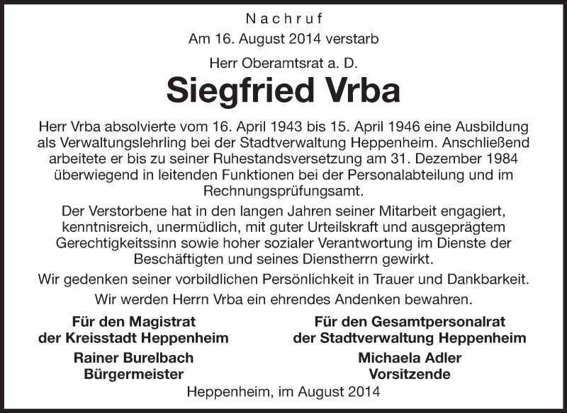  Traueranzeige für Siegfried Vrba vom 20.08.2014 aus Starkenburger Echo
