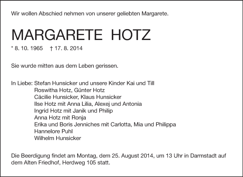  Traueranzeige für Margarete Hotz vom 21.08.2014 aus Echo-Zeitungen (Gesamtausgabe)