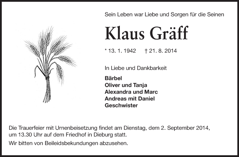  Traueranzeige für Klaus Gräff vom 30.08.2014 aus Echo-Zeitungen (Gesamtausgabe)