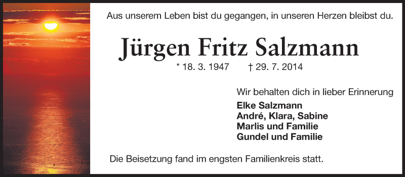  Traueranzeige für Jürgen Fritz Salzmann vom 30.08.2014 aus Echo-Zeitungen (Gesamtausgabe)