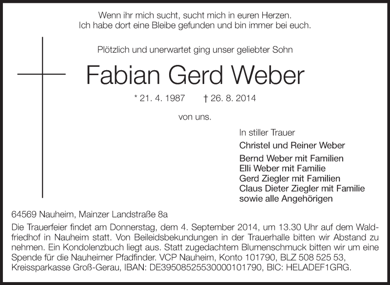  Traueranzeige für Fabian Gerd Weber vom 30.08.2014 aus Rüsselsheimer Echo, Groß-Gerauer-Echo, Ried Echo