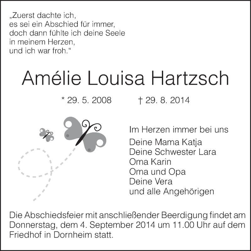  Traueranzeige für Amélie Louisa Hartzsch vom 03.09.2014 aus Rüsselsheimer Echo, Groß-Gerauer-Echo, Ried Echo
