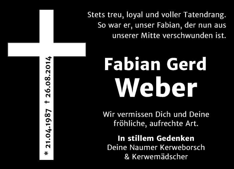  Traueranzeige für Fabian Gerd Weber vom 04.09.2014 aus Rüsselsheimer Echo, Groß-Gerauer-Echo, Ried Echo