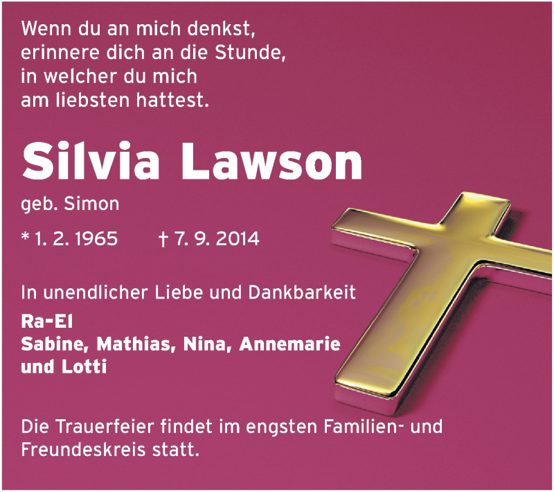  Traueranzeige für Silvia Lawson vom 13.09.2014 aus Echo-Zeitungen (Gesamtausgabe)