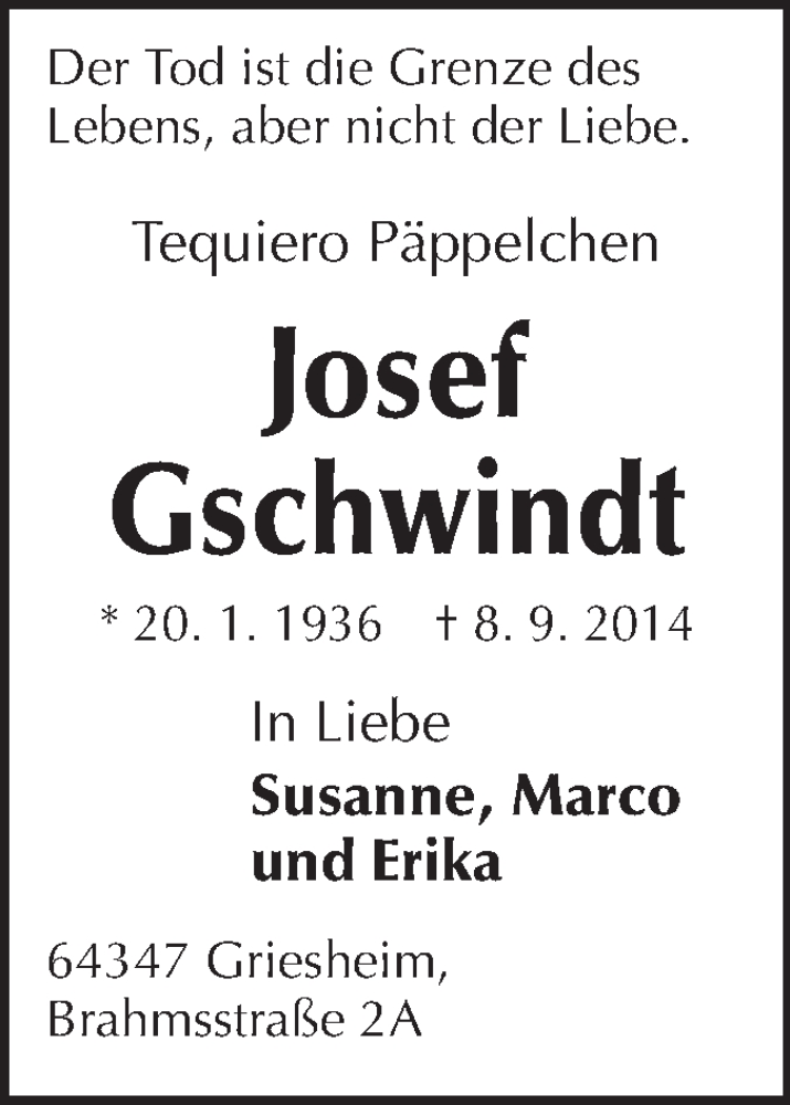  Traueranzeige für Josef Gschwindt vom 13.09.2014 aus Echo-Zeitungen (Gesamtausgabe)