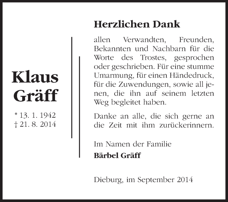  Traueranzeige für Klaus Gräff vom 13.09.2014 aus Echo-Zeitungen (Gesamtausgabe)