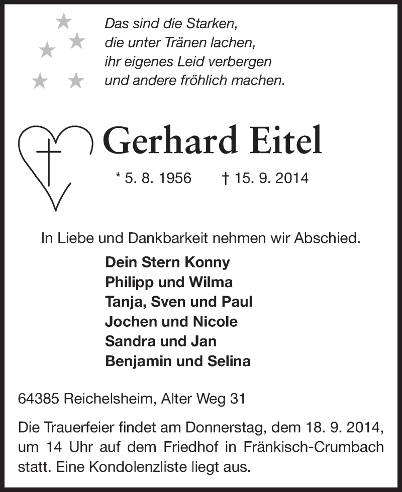  Traueranzeige für Gerhard Eitel vom 17.09.2014 aus Odenwälder Echo