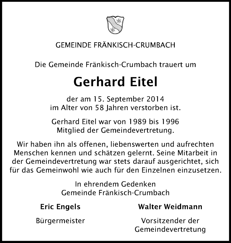  Traueranzeige für Gerhard Eitel vom 22.09.2014 aus Odenwälder Echo