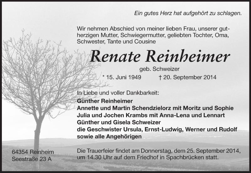  Traueranzeige für Renate Reinheimer vom 23.09.2014 aus Echo-Zeitungen (Gesamtausgabe)