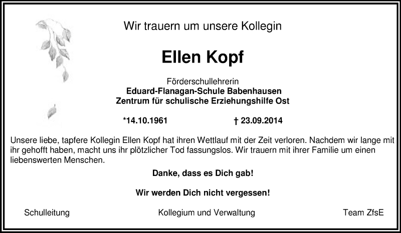  Traueranzeige für Ellen Kopf vom 27.09.2014 aus Echo-Zeitungen (Gesamtausgabe)