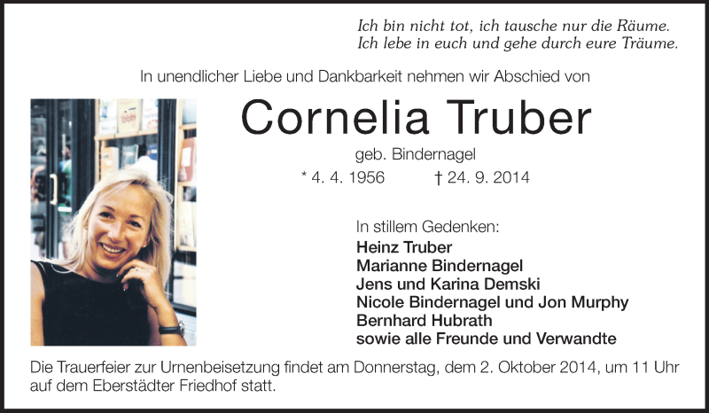 Traueranzeige für Cornelia Truber vom 27.09.2014 aus Echo-Zeitungen (Gesamtausgabe)