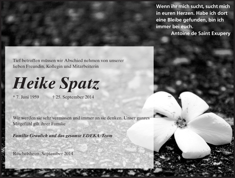  Traueranzeige für Heike Spatz vom 30.09.2014 aus Odenwälder Echo