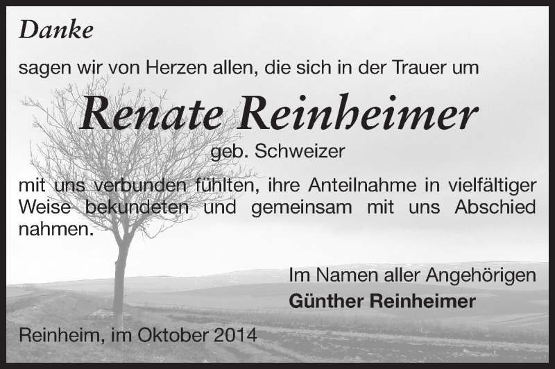  Traueranzeige für Renate Reinheimer vom 11.10.2014 aus Echo-Zeitungen (Gesamtausgabe)