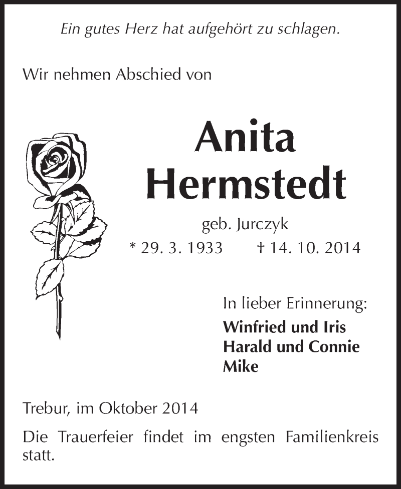  Traueranzeige für Anita Hermstedt vom 16.10.2014 aus Rüsselsheimer Echo, Groß-Gerauer-Echo, Ried Echo