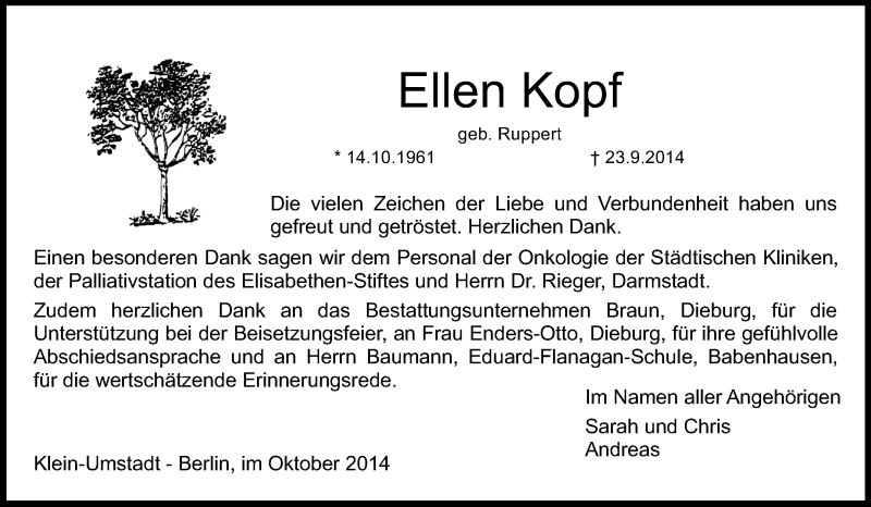  Traueranzeige für Ellen Kopf vom 18.10.2014 aus Echo-Zeitungen (Gesamtausgabe)