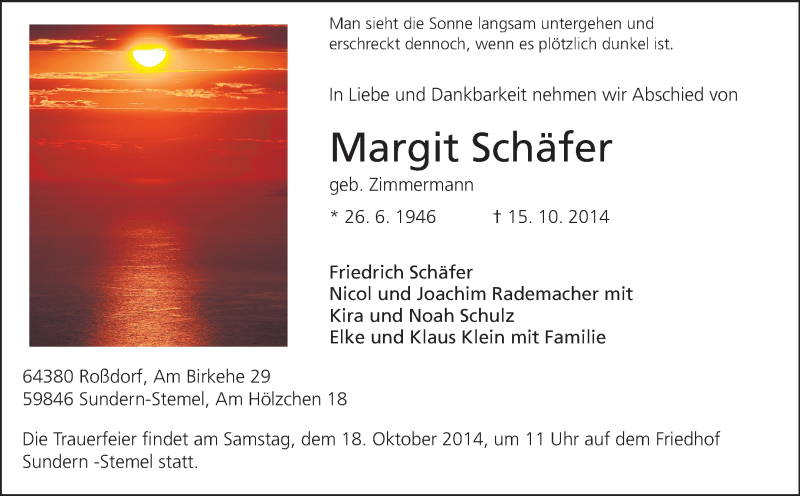  Traueranzeige für Margit Schäfer vom 18.10.2014 aus Echo-Zeitungen (Gesamtausgabe)