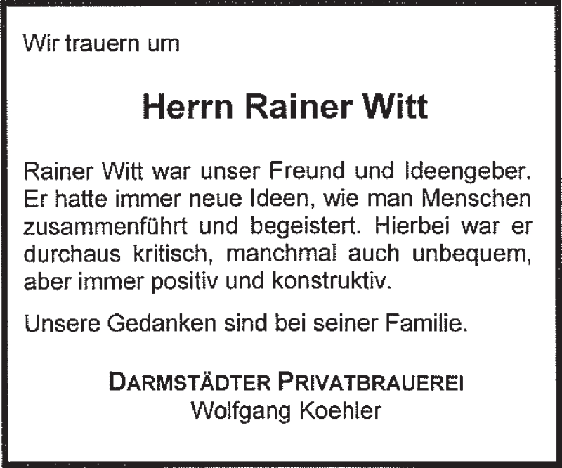  Traueranzeige für Rainer Witt vom 18.10.2014 aus Echo-Zeitungen (Gesamtausgabe)