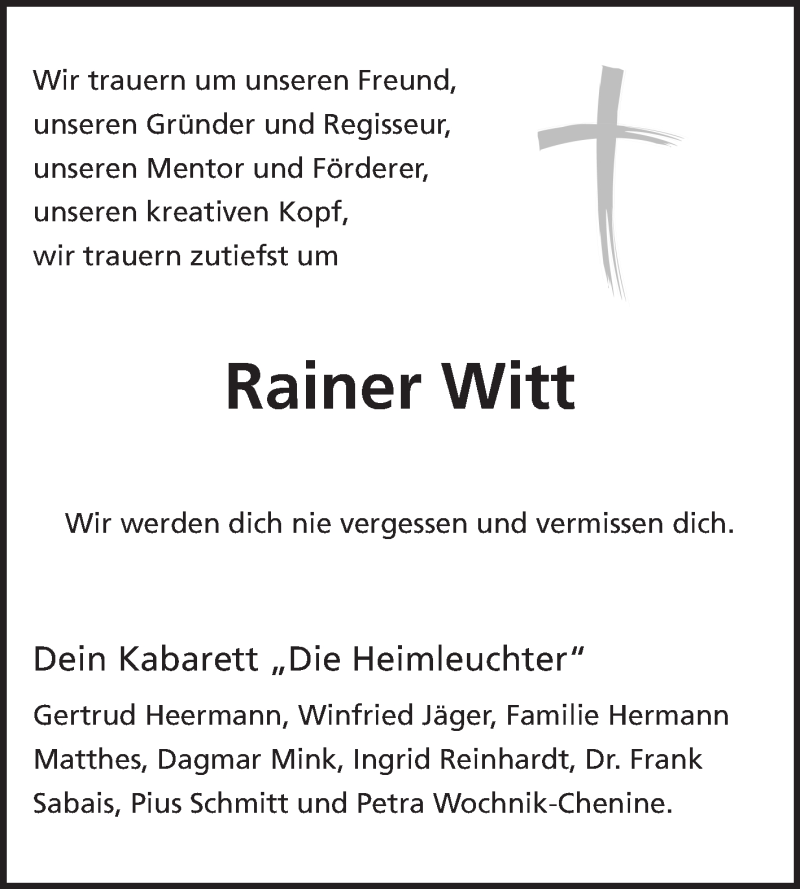  Traueranzeige für Rainer Witt vom 18.10.2014 aus Echo-Zeitungen (Gesamtausgabe)