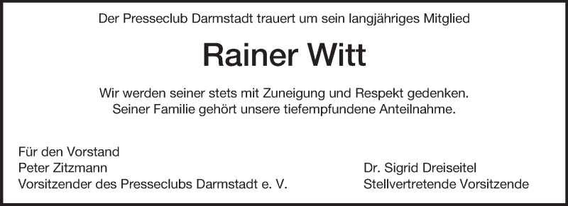  Traueranzeige für Rainer Witt vom 20.10.2014 aus Echo-Zeitungen (Gesamtausgabe)