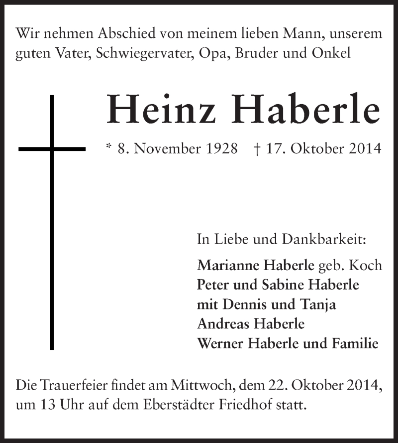  Traueranzeige für Heinz Haberle vom 20.10.2014 aus Echo-Zeitungen (Gesamtausgabe)