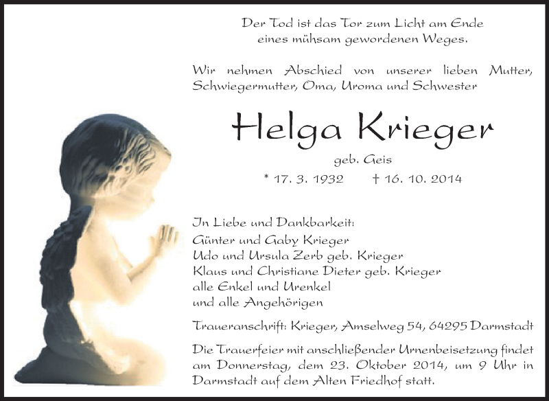  Traueranzeige für Helga Krieger vom 20.10.2014 aus Echo-Zeitungen (Gesamtausgabe)