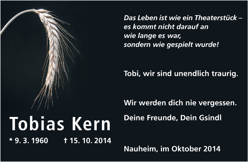  Traueranzeige für Tobias Kern vom 22.10.2014 aus Rüsselsheimer Echo, Groß-Gerauer-Echo, Ried Echo
