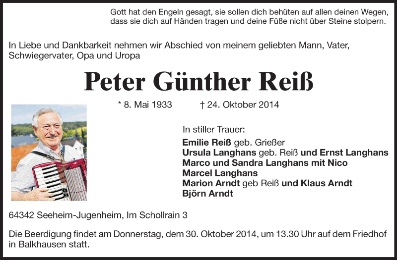  Traueranzeige für Peter Günther Reiß vom 27.10.2014 aus Echo-Zeitungen (Gesamtausgabe)
