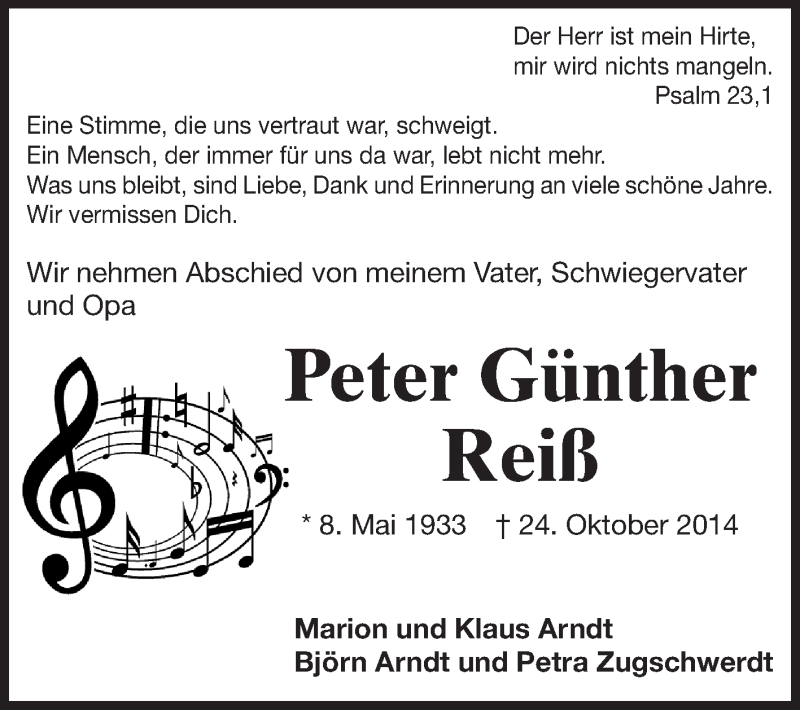  Traueranzeige für Peter Günther Reiß vom 27.10.2014 aus Echo-Zeitungen (Gesamtausgabe)