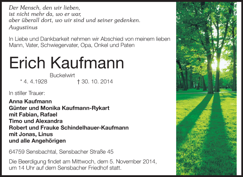  Traueranzeige für Erich Kaufmann vom 01.11.2014 aus Echo-Zeitungen (Gesamtausgabe)
