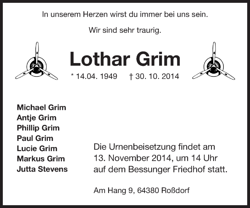  Traueranzeige für Lothar Grim vom 08.11.2014 aus Echo-Zeitungen (Gesamtausgabe)
