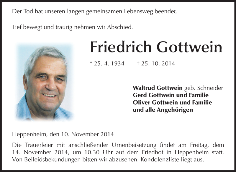  Traueranzeige für Friedrich Gottwein vom 10.11.2014 aus Starkenburger Echo